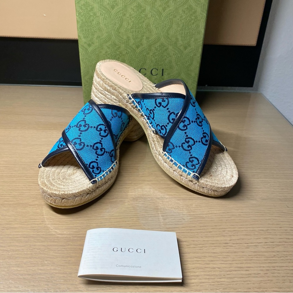 Gucci Blue Monogram Espadrille Wedges